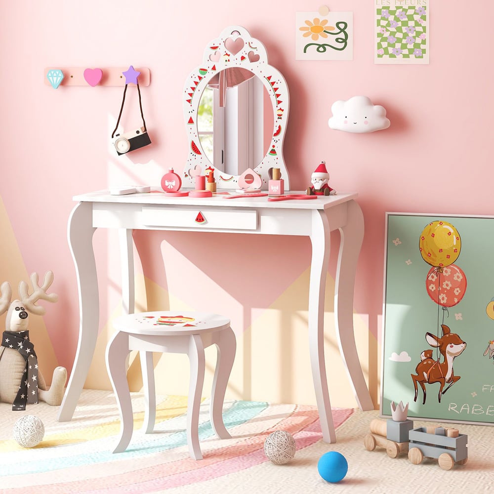 Costway Single Drawer 2 in 1 Kids Vanity Set with Mirror Image 4