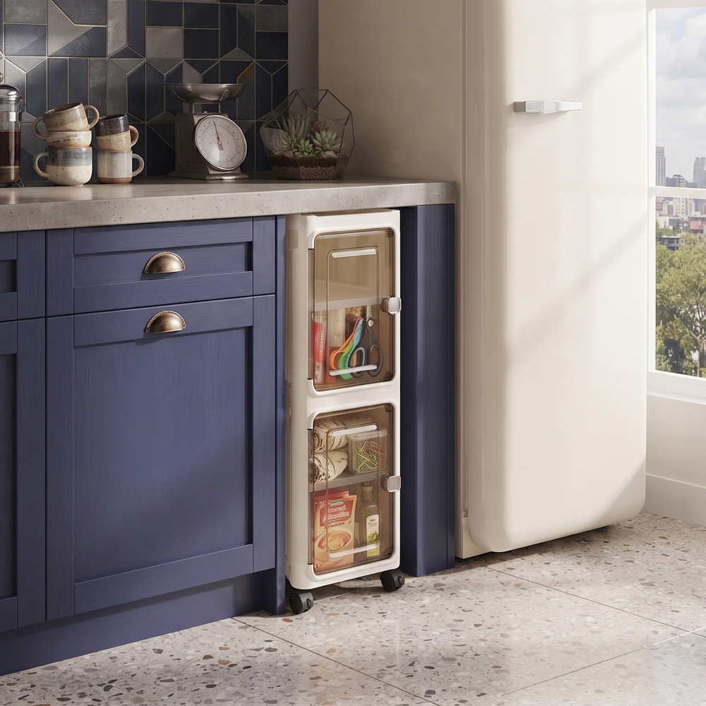 Living and Home 2 Door Slim Plastic Storage Cabinet with Wheels Image 2