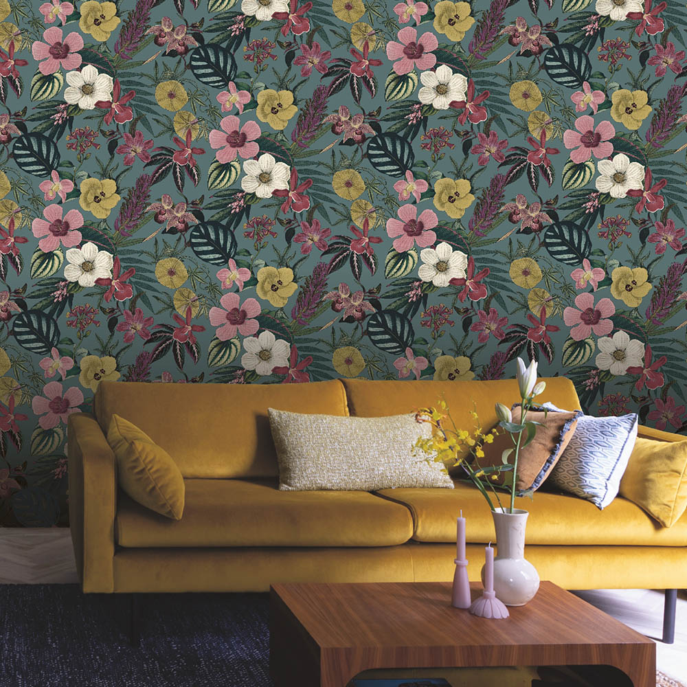 Rasch Priya Floral Petrol Wallpaper Image 2