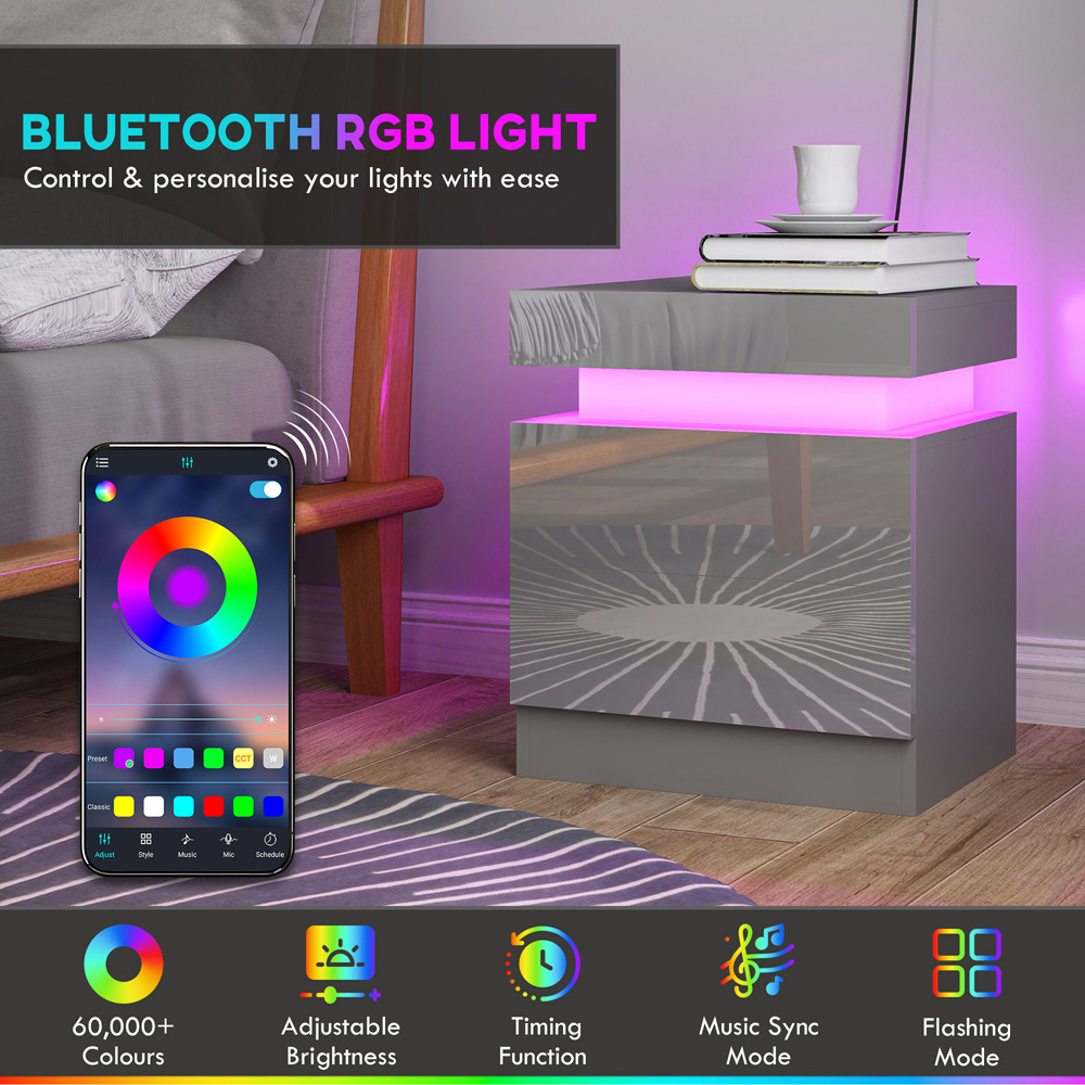 HOMCOM 2 Drawer Grey High Gloss Bedside Table with LED Light Image 8