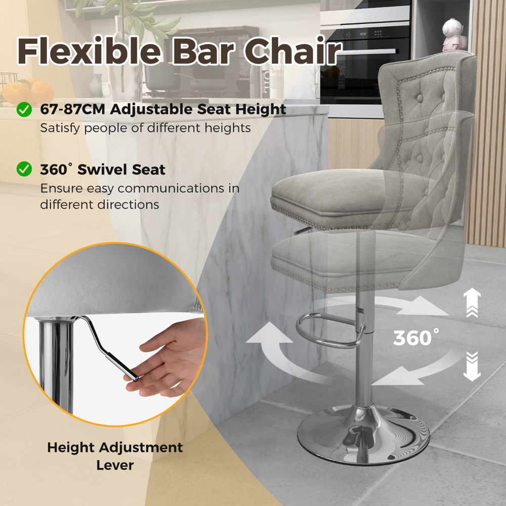 Costway Grey Dutch Velvet Bar Stool Image 6