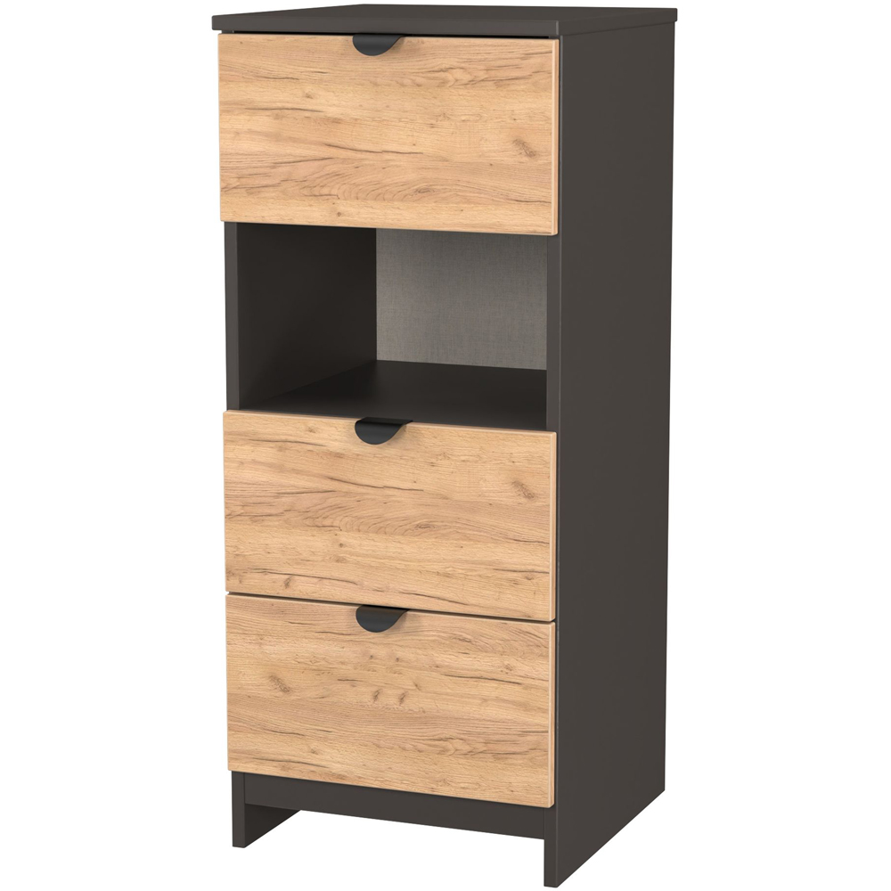 Crowndale Bora 3 Drawer Single Shelf Gold Oak and Graphite Bedside Cabinet Image 4