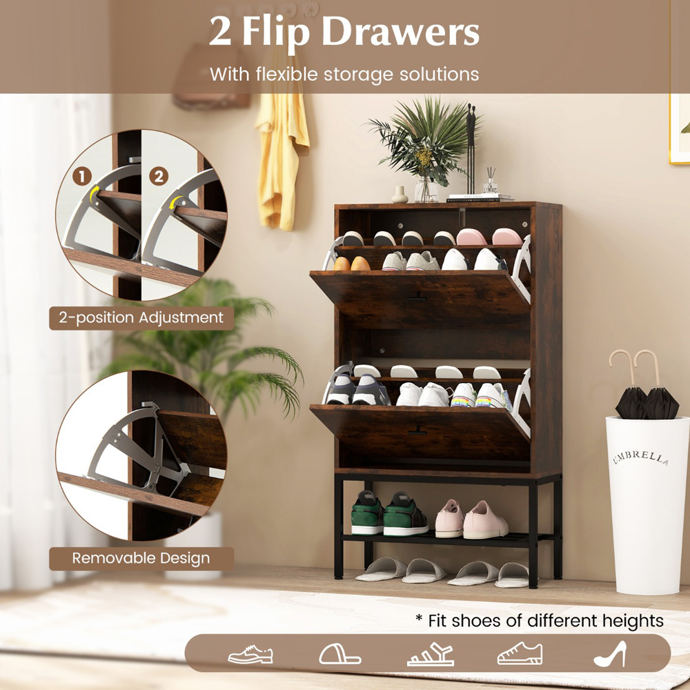 Costway 2 Drawer Single Shelf Rustic Brown Shoe Storage Cabinet Image 8