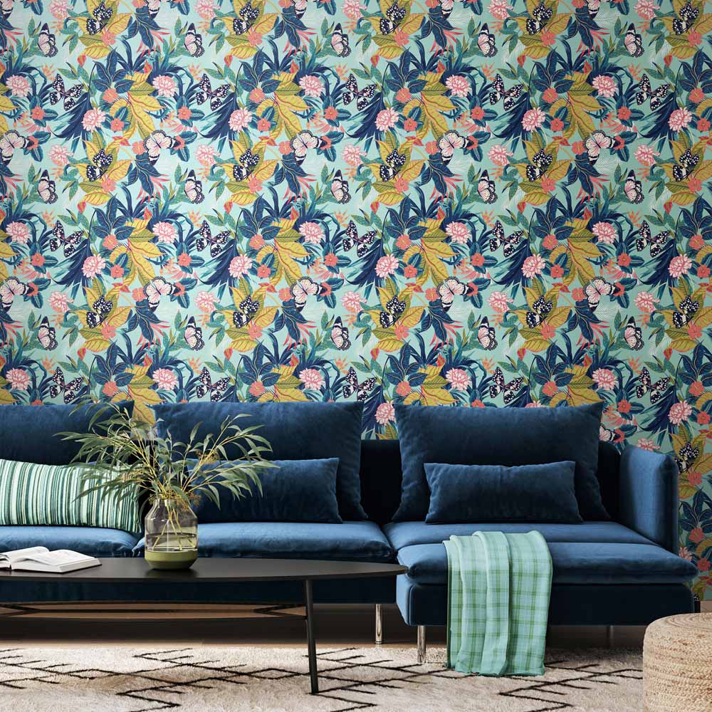 Hoopla Walls Paradise Aqua and Rouge Non Woven Wallpaper Image 2