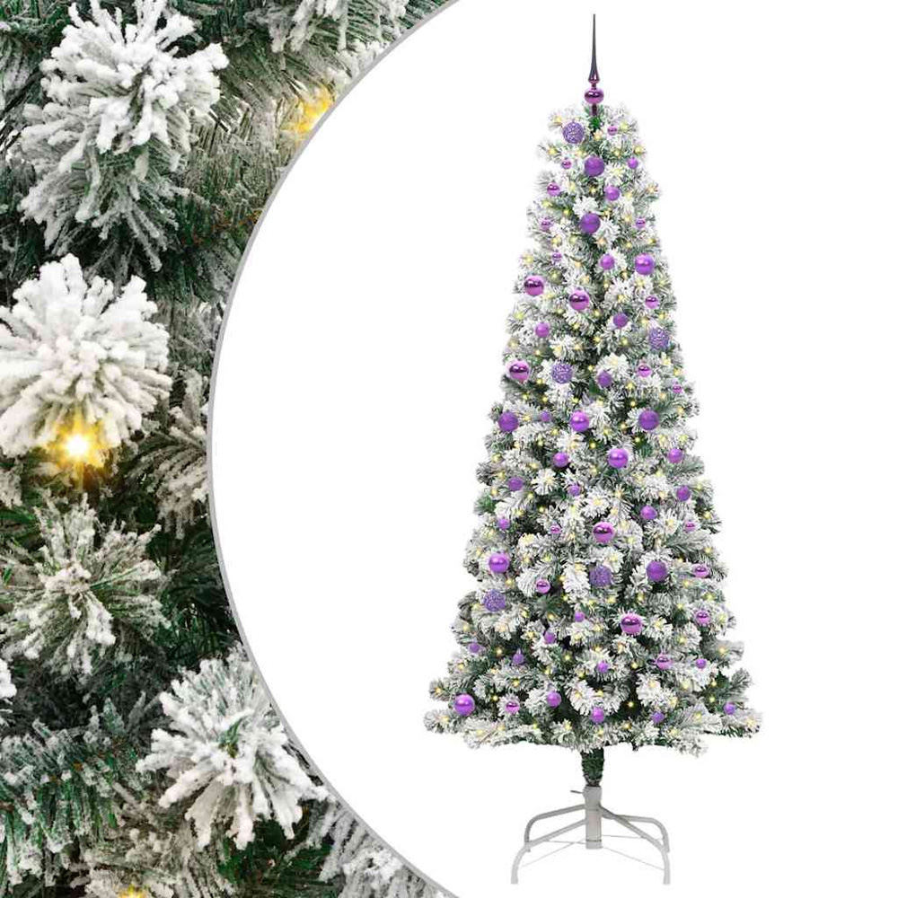 vidaXL Pre-Lit Warm White LED and Lilac Baubles Snow Flocked Artificial Christmas Tree 8ft Image 2