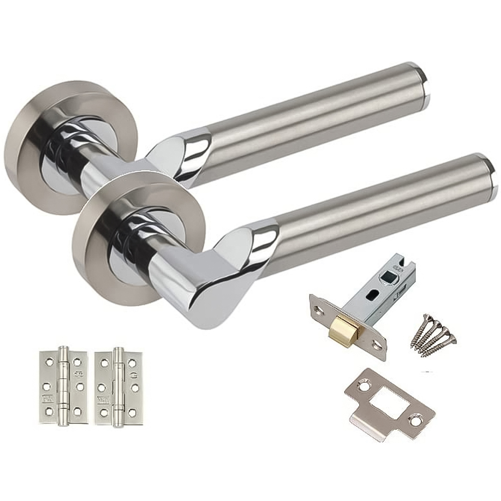 Golden Grace Satin Nickel and Polished Chrome Titan Modern Bathroom Door Handle Set Image