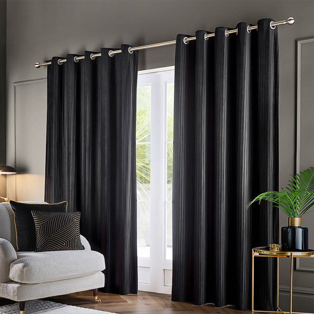 Paoletti Corinthian Black Velvet Eyelet Curtains 168 x 229cm Image 1
