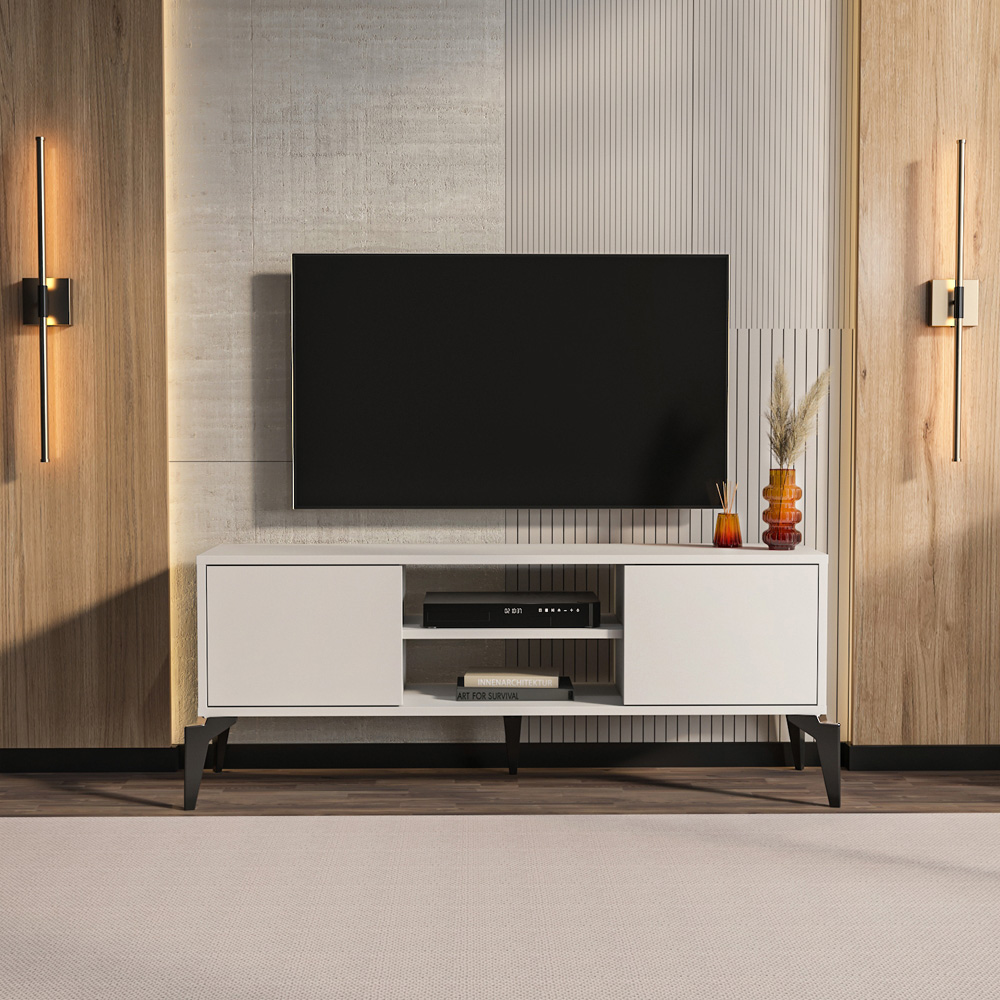 Decorotika Lojo 2 Door 2 Shelf White TV Stand for 50 inch TV Image 5
