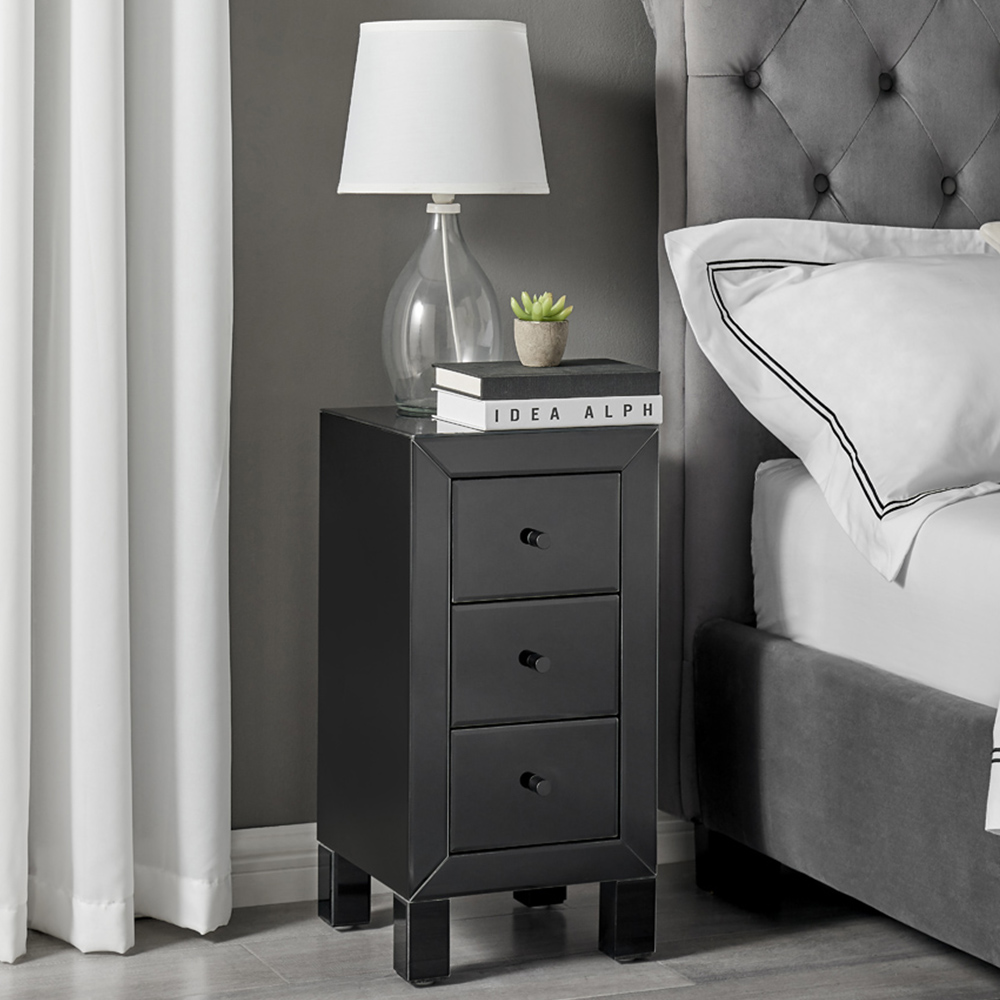 Furniturebox Lacey 3 Drawer Black Small Bedside Table Image 1