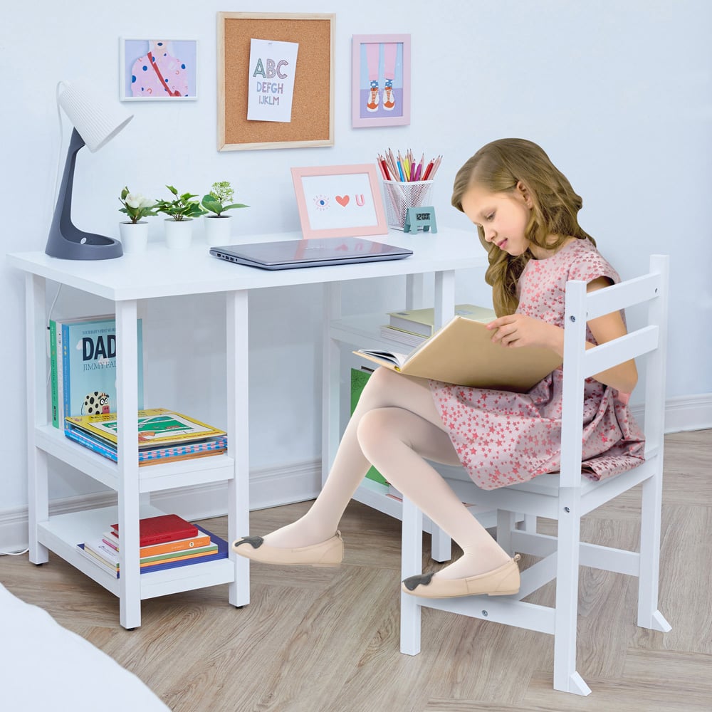 Teamson Kids 4 Shelf White Wooden Desk and Chairs Set Image 7