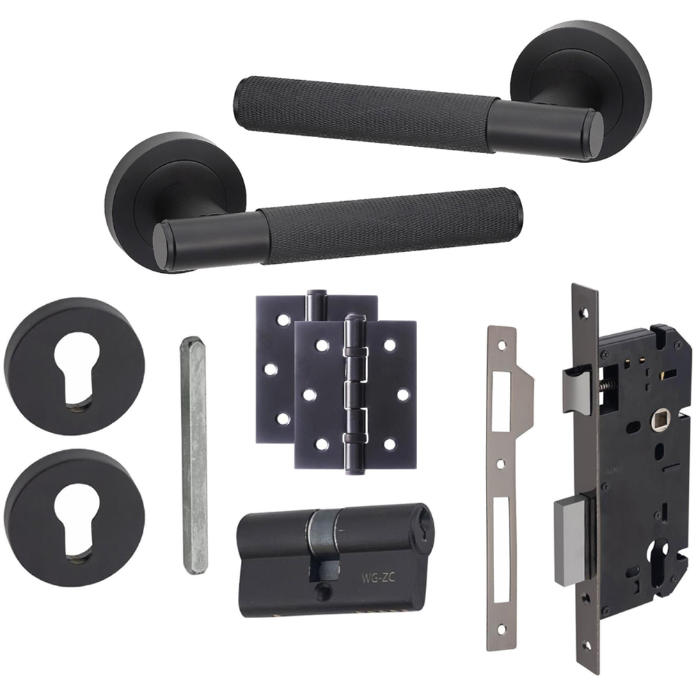 Golden Grace Knurled T-Bar Matt Black Door Handles Euro Lock and Barrel Key Set 70mm Image 1