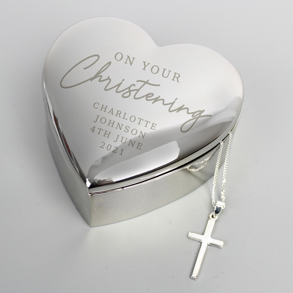 Personalised Memento Personalised Christening Heart Trinket Box and Cross Necklace Set Image 3