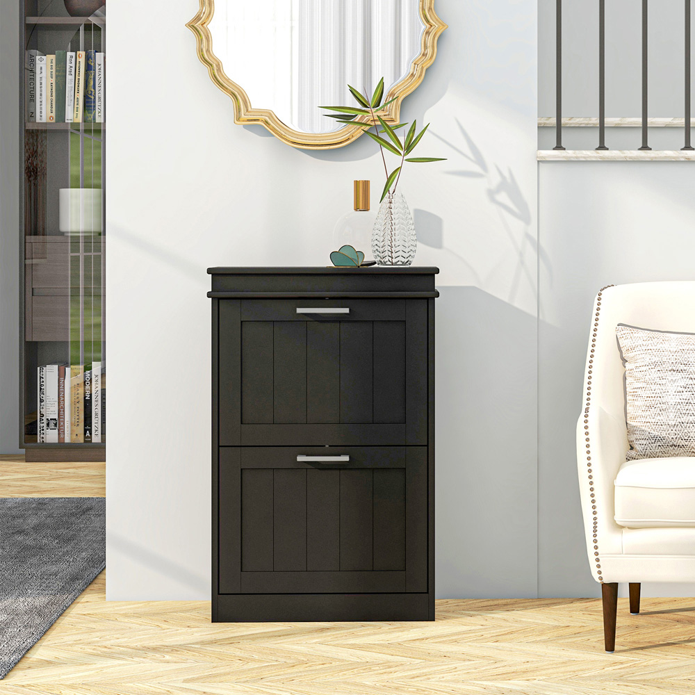 Portland 2 Flip Drawer Black Slim Shoe Storage Cabinet Image 4