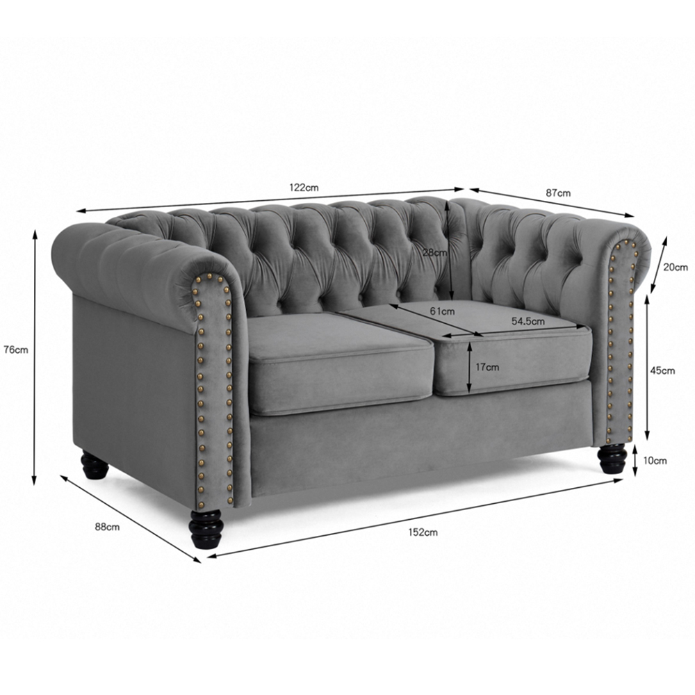 Home Detail Chesterfield 2 Seater Studded Grey Velvet Sofa Image 6