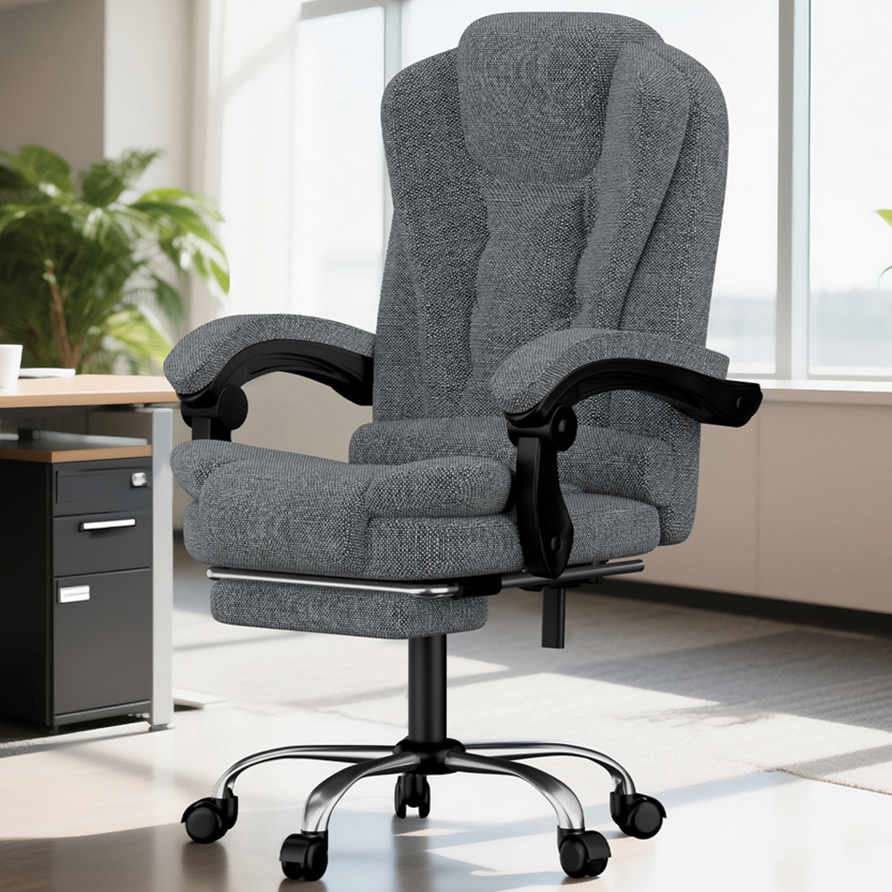 Rattrix Grey PU Leather Reclining Swivel Office Chair with Footrest and Lumbar Support Image 1