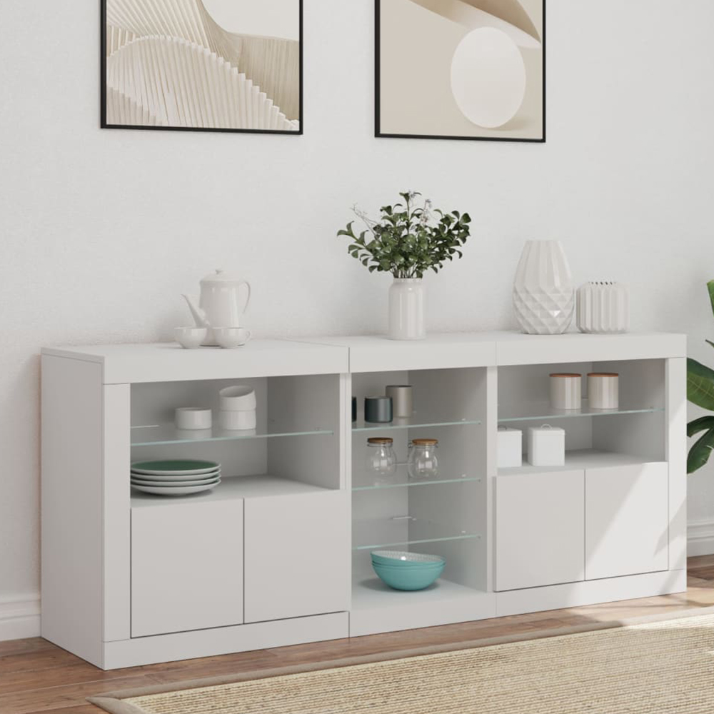 vidaXL 4 Door 8 Shelf White LED Sideboard 3 Piece Image 1