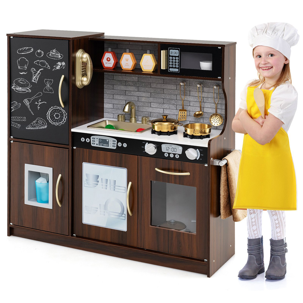 Costway Toddler Rustic Brown Kitchen Play Set with Simulated Sounds Image 3