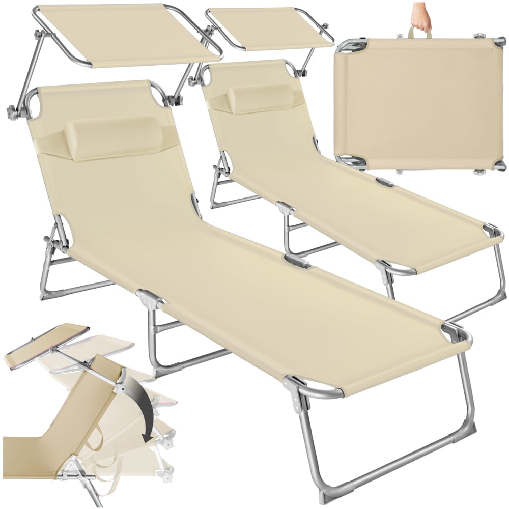 tectake Chloe Set of 2 Beige 4 Step Backrest Foldable Sun Lounger with Head Cushion Image 2