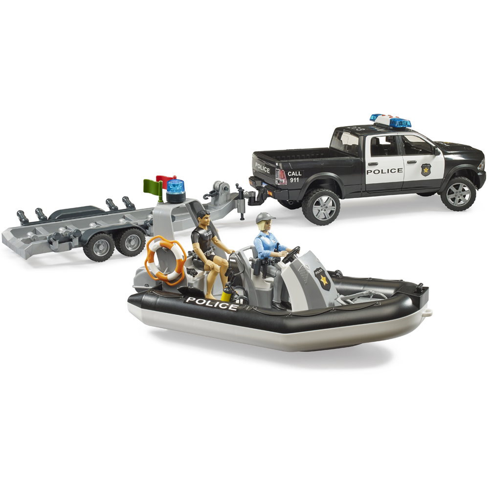 Bruder RAM 2500 Light and Sound Police Pickup Wagon with Trailer Boat and 2 Figures Image 7
