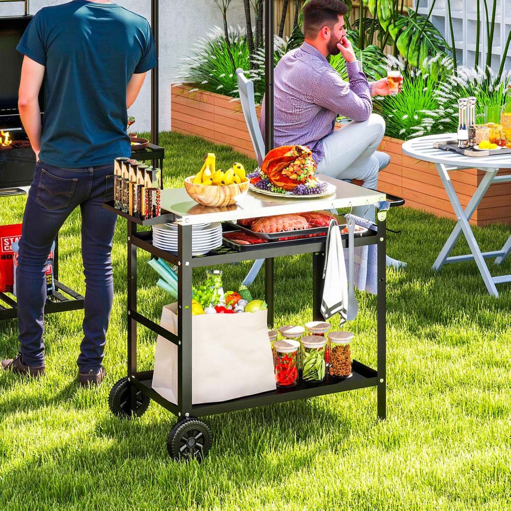 Outsunny Black Stainless Top Barbecue Trolley with Movable Pizza Table Image 2