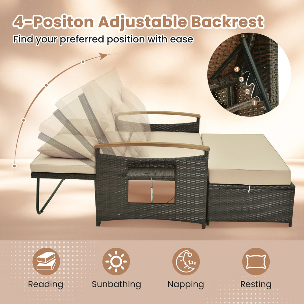 Costway 2 Seater Rattan Woven Daybed with Storage Ottoman Image 5