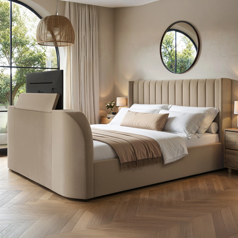 Flair Fallon Super King Size Beige Velvet TV Side Lift Ottoman Bed Image 1