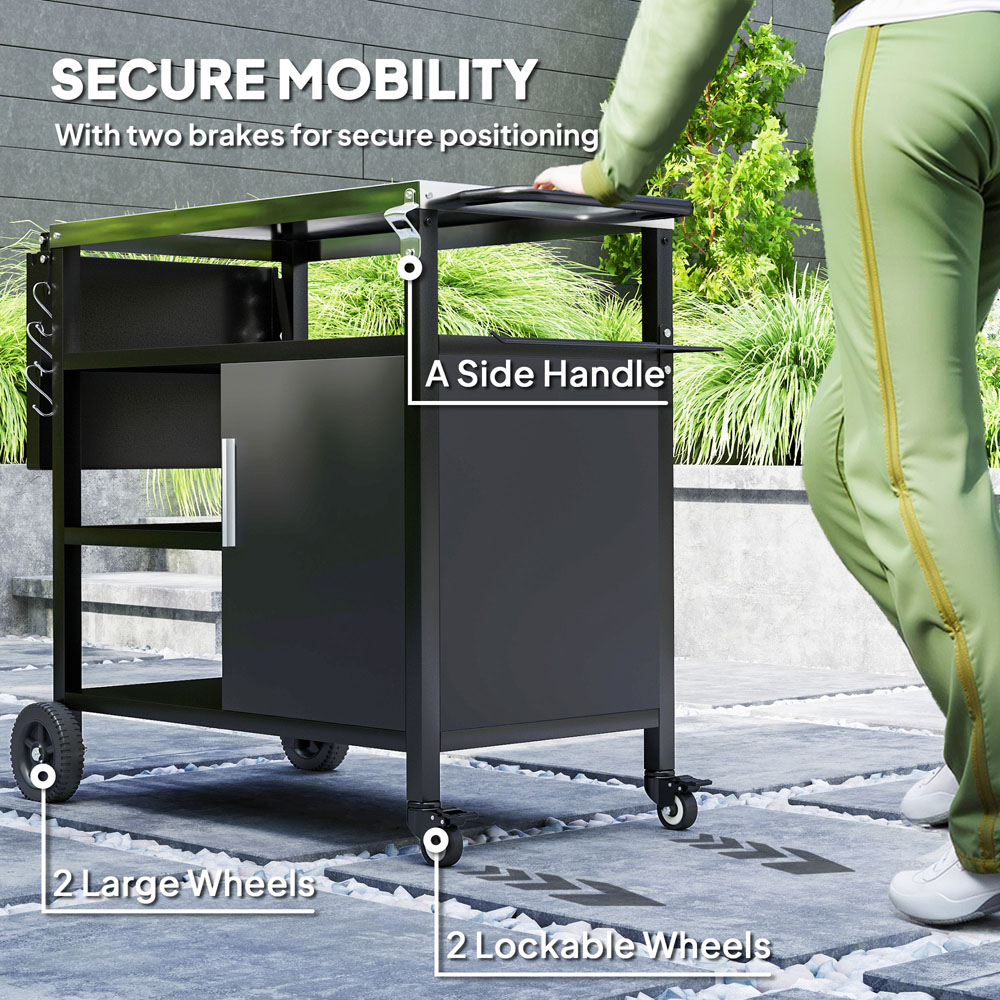 Outsunny Black Stainless Steel Barbeque Trolley with Foldable Side Table Image 8