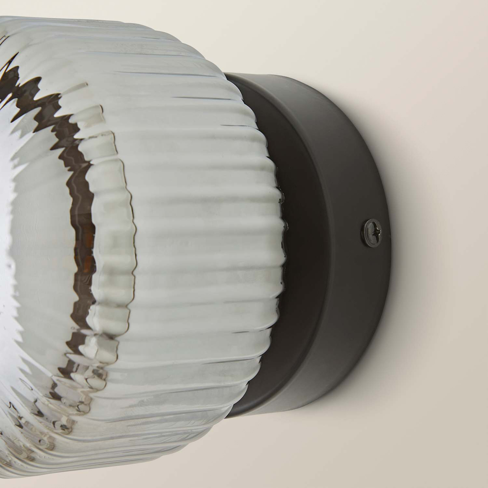ValueLights Calpe Ribbed Smoked Shade Brushed Matte Black Flush Wall Light with Bulb Image 3
