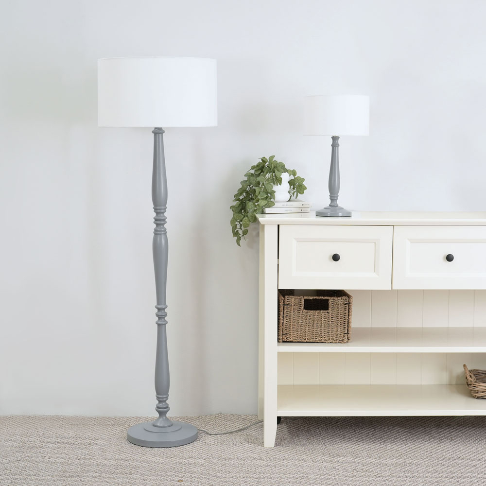 ValueLights Victoria White Fabric Drum Shade Grey Wood Traditional Stem LED Floor Lamp Image 5