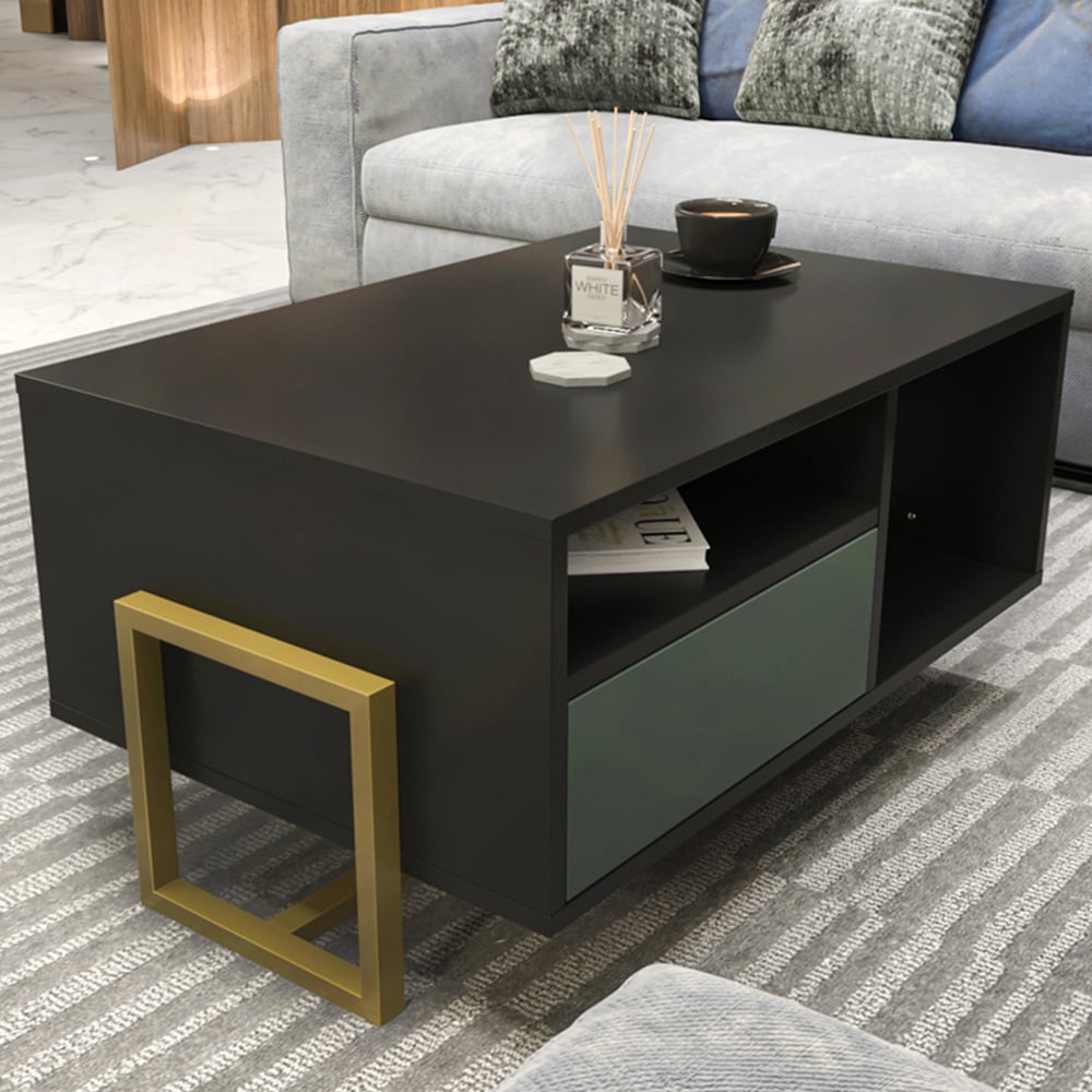 Decorotika Utopie 2 Door 2 Shelf Black and Green Modern Coffee Table Image 1