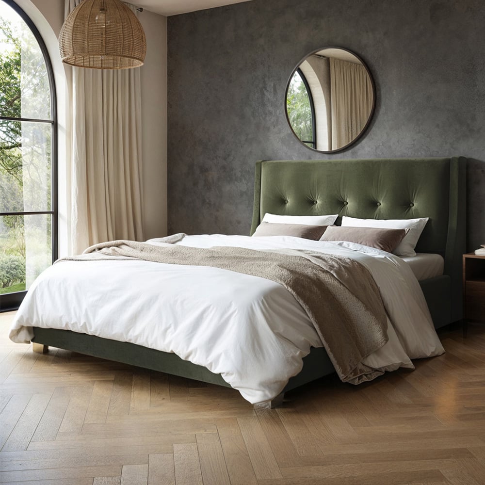 Flair Artemis King Size Khaki Velvet Cushioned Headboard Ottoman Bed Image 1