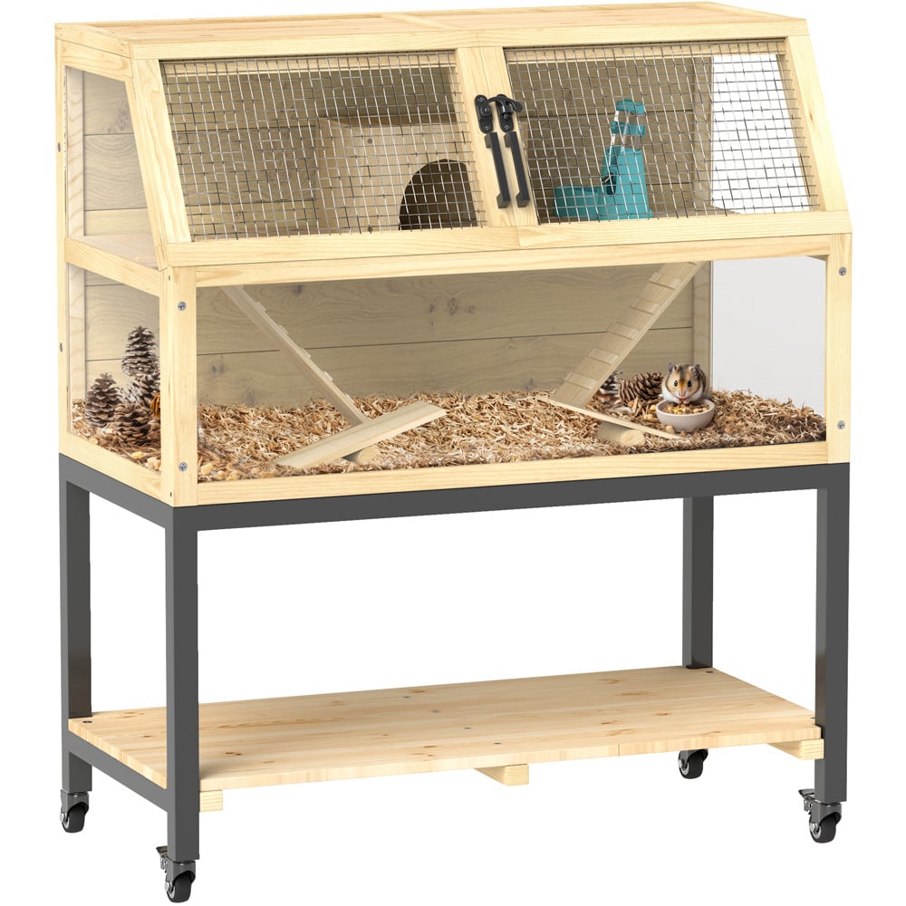 PawHut Wooden Hamster Cage with Storage Shelf and Wheels Image 3