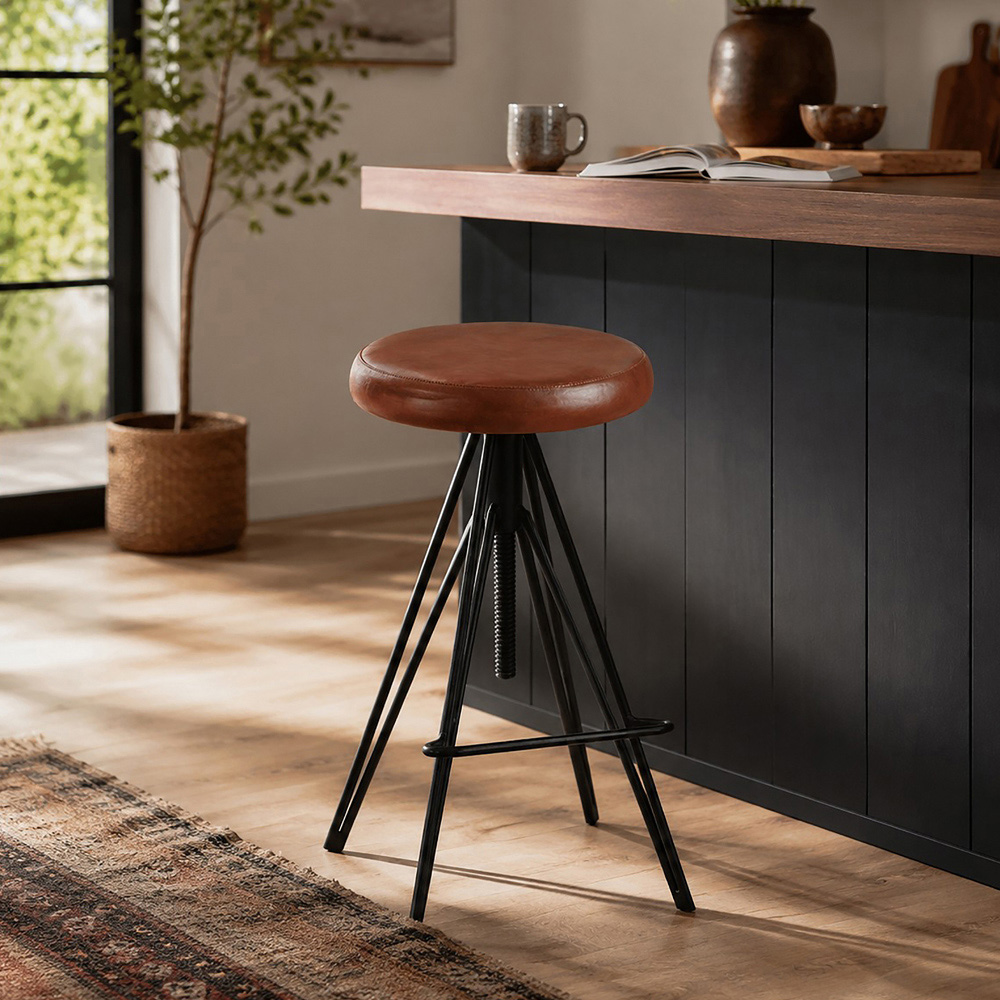 Premier Housewares Nandri Brown Leather Round Stool Image 3