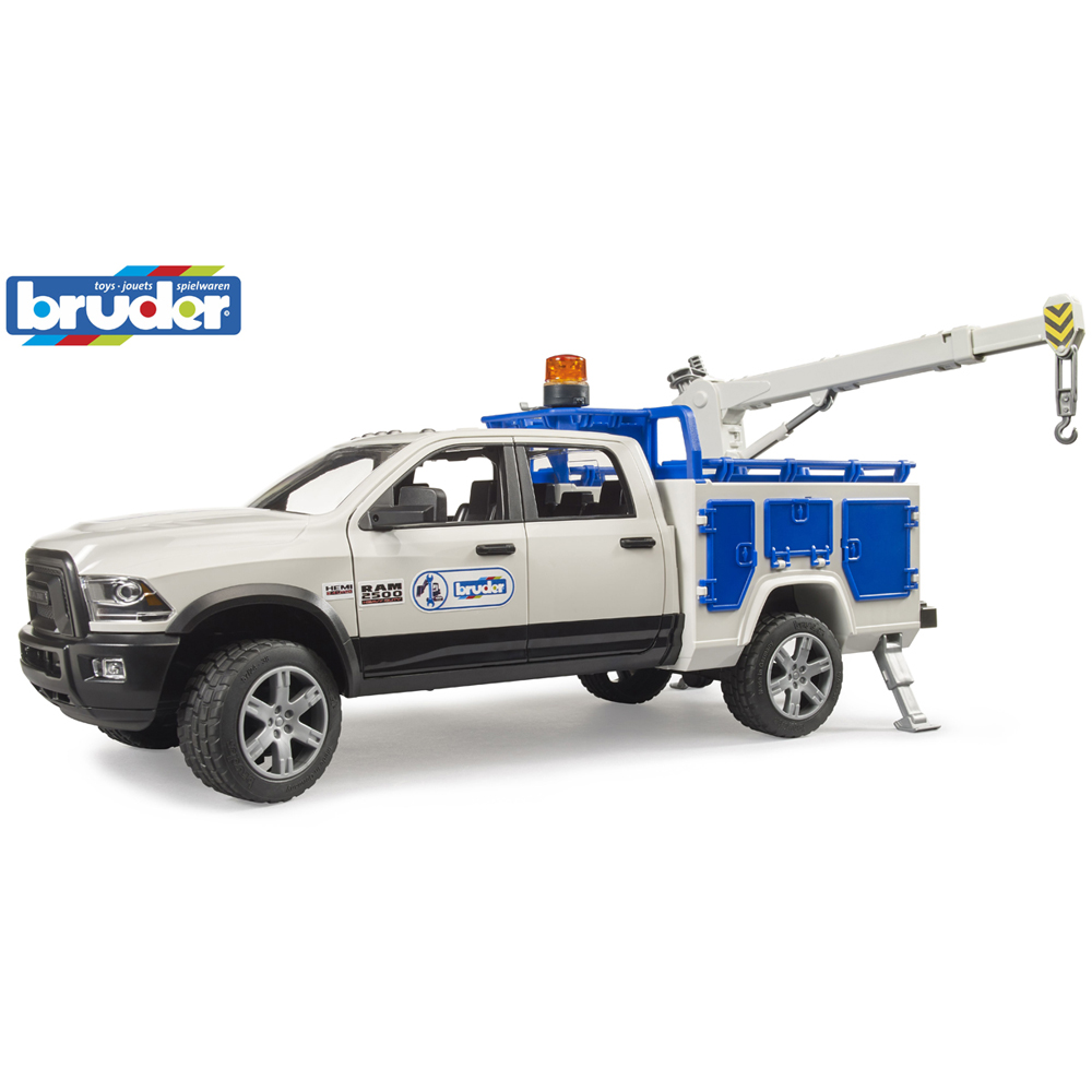 Bruder RAM 2500 Service Truck with Rotating Beacon Light and Extendable Assembly Crane Image 7