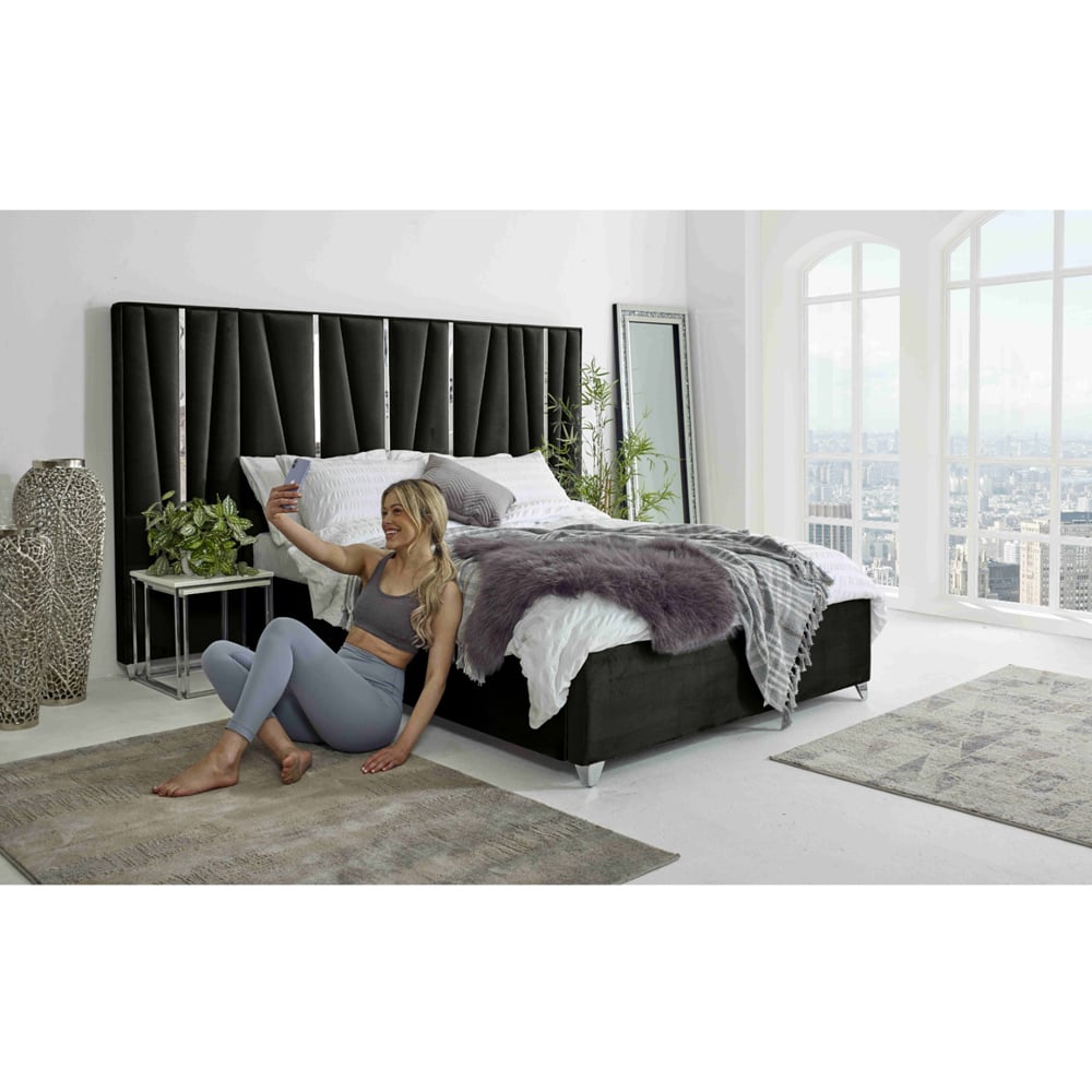 Eleganza Mila Single Black Plush Velvet Bed Frame with Lined Headboard Image 8