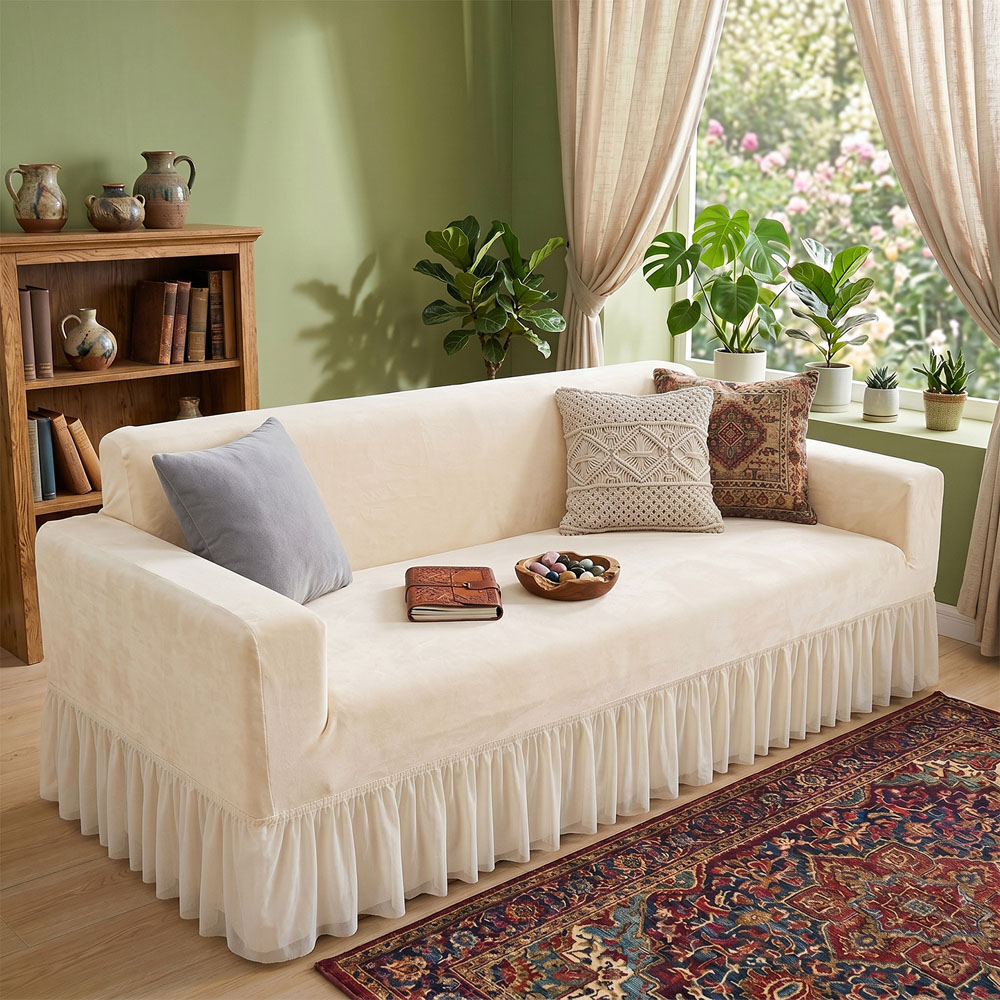 Living and Home 2 Seater Beige Vintage Plush Sofa Cover Image 6