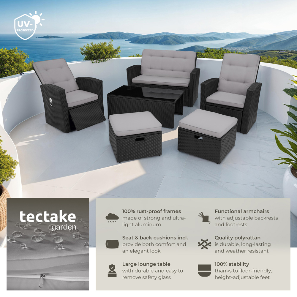 tectake Bari 6 Seater Black Rattan Reclining Garden Lounge Set Image 6