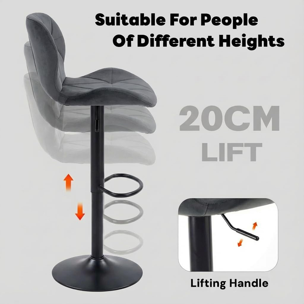 Alivio Dark Grey Velvet Height Adjustable Swivel Bar Stool Set of 2 Image 4