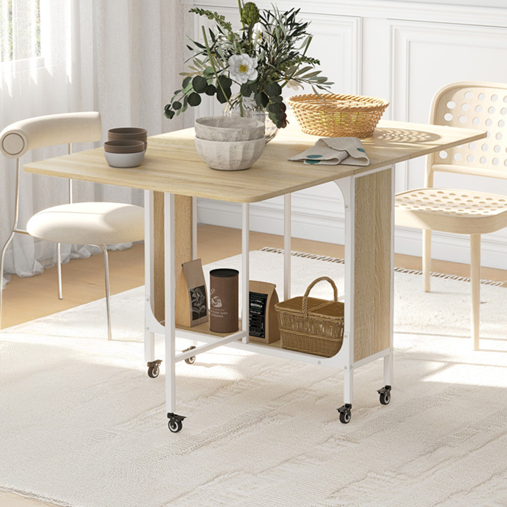 HOMCOM 6 Seater Natural Drop Leaf Mobile Dining Table Image 1