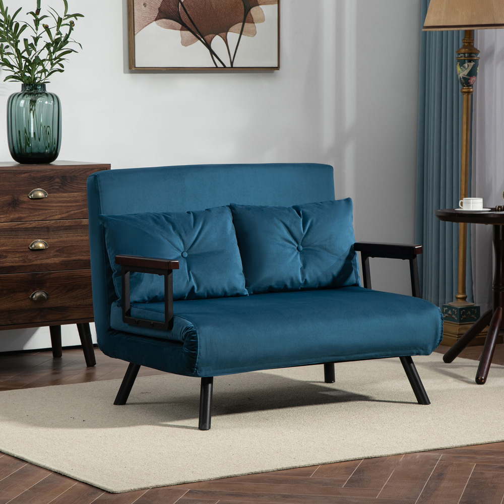 HOMCOM 2 Seater Navy Blue Velvet Feel Fabric Convertible Sofa Bed Image 4