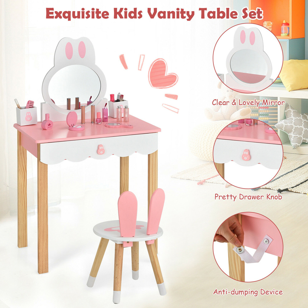 Costway Single Drawer Kids Pink Vanity Table and Chair Set with Mirror Image 6