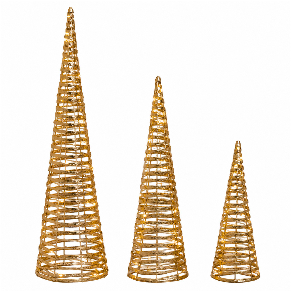Samuel Alexander 90 Warm White LED Gold Braid Christmas Cone Tree with Timer Set of 3 Image 2