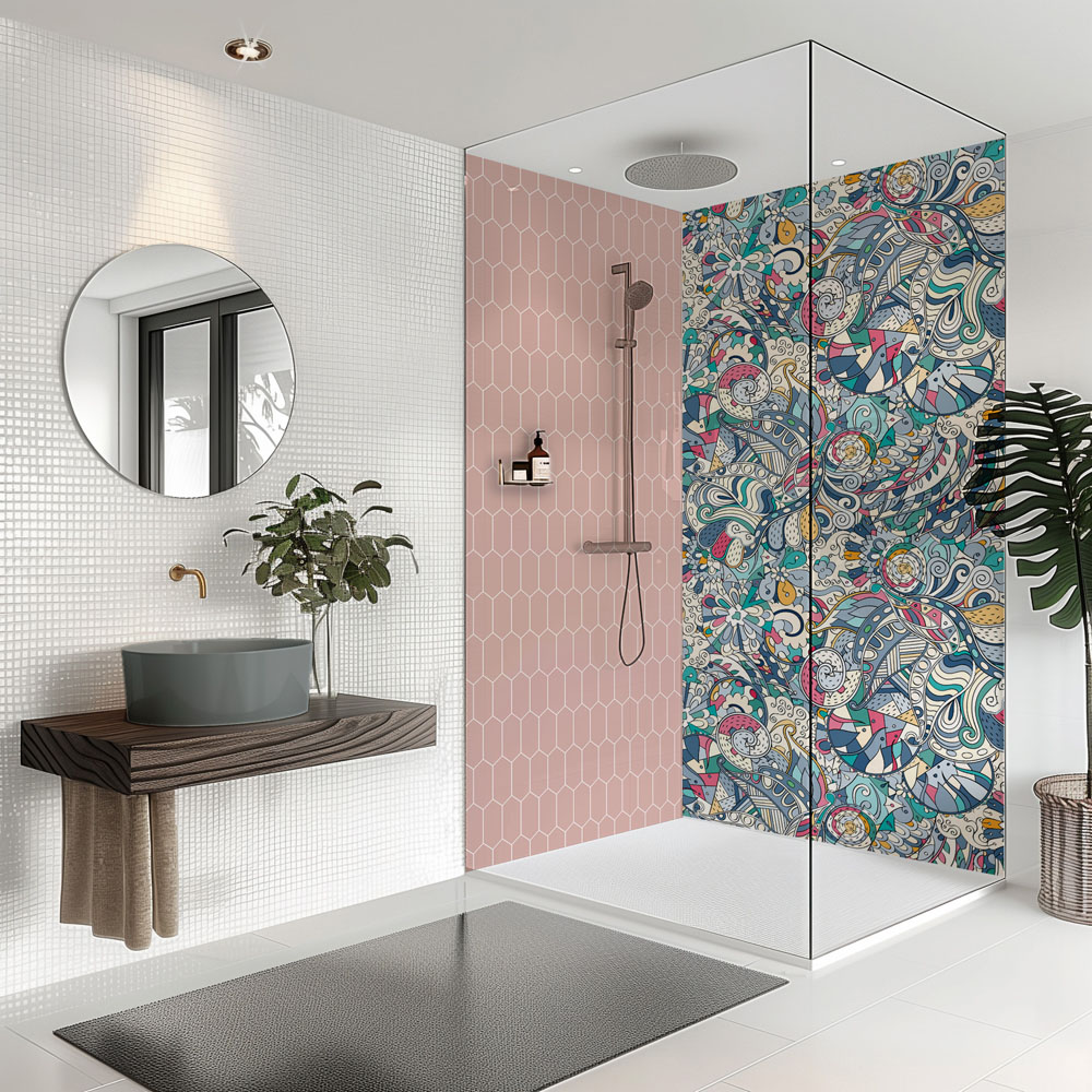 Splashbax Premium Artisan Colourful Doodle Acrylic Bathroom Wall Panel 2400 x 1200mm Image 3