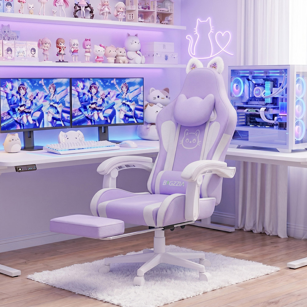 Rattrix Purple Cat Ears Gaming Chair with Massage Lumbar Support and Footrest Image 7