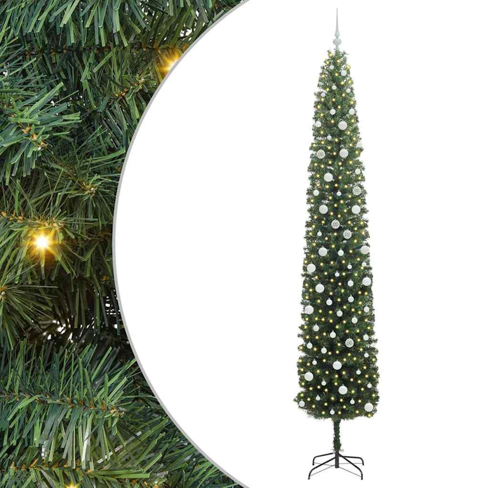 vidaXL Green Artificial Christmas Tree with LEDs White Decoration Ornaments 10ft Image 2