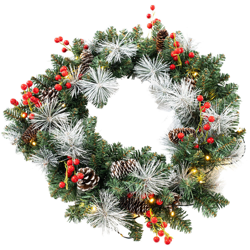 Abrihome 35 Warm White LED Artificial Cypress Christmas Wreath with 120 Tips and 10 Pinecones 50cm Image 1