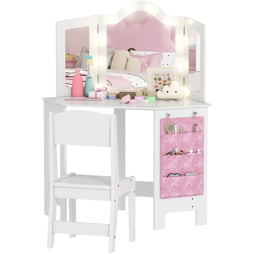 AIYAPLAY 2 Piece White LED Tri Folding Mirror Kids Vanity Table and Stool Set Image 2