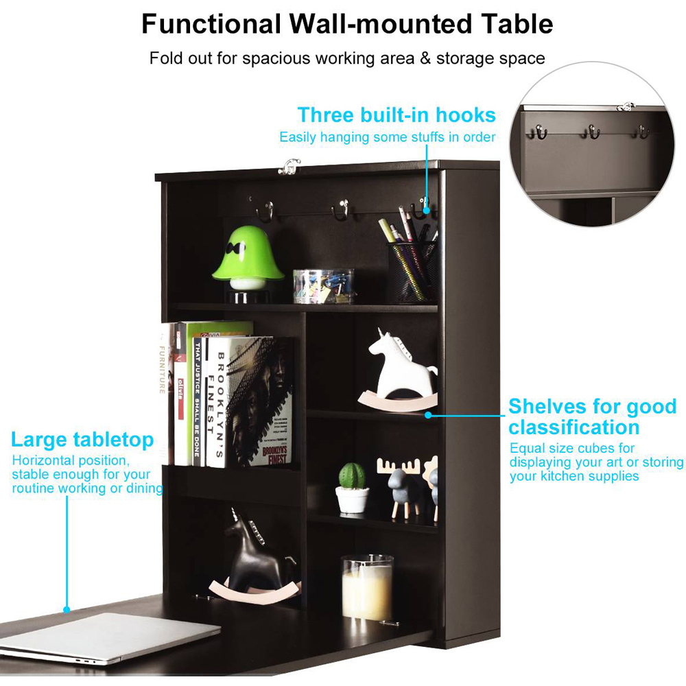 Costway 6 Shelf Wall Mounted Foldable Desk Brown Image 6