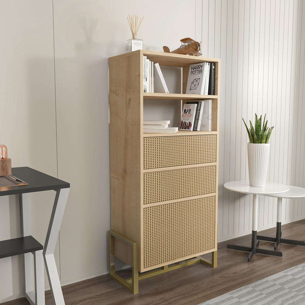 Decorotika Utopie 3 Door 2 Shelf Oak and Rattan Modern Bookshelf Image 8