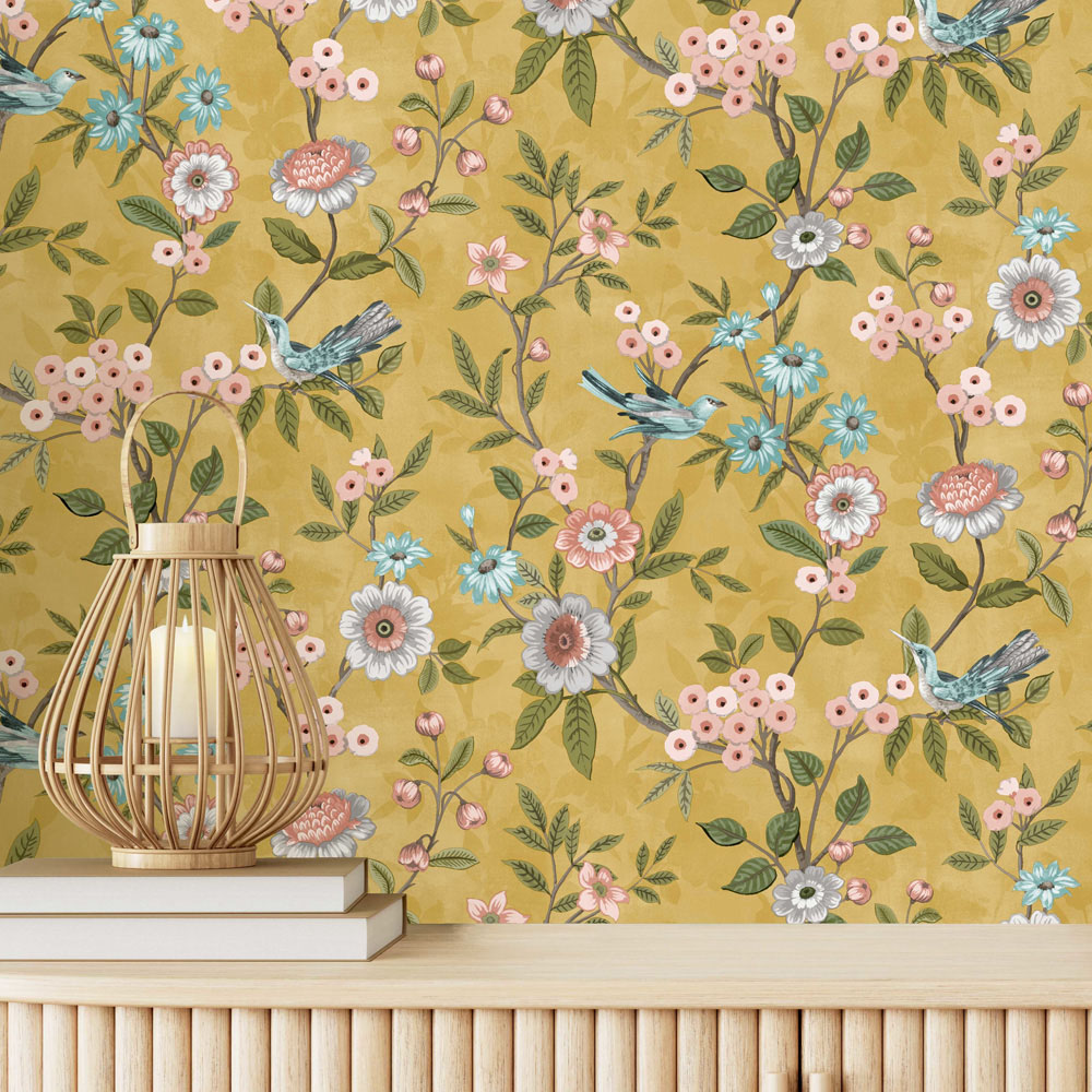 Fine Decor Eleanor Floral Ochre Wallpaper Image 3